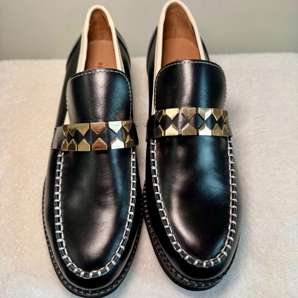 All Black Leather Clip & Stitch‎ Slip On Loafers Contrast Stitching Size 40